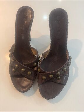 BCBGMaxAzria Brown Studded Leather Slide Mules